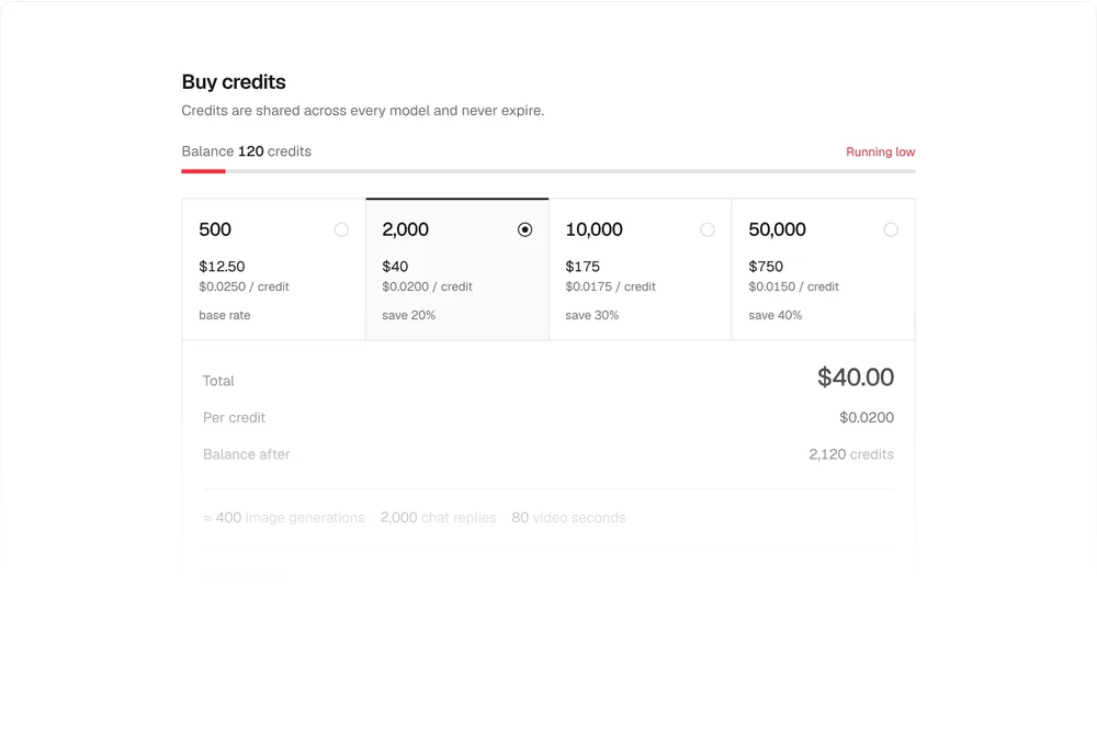 Credit Pack Pricing, a Kokonut UI Pro component