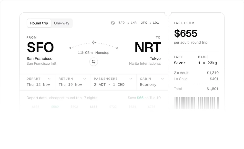 Flight Search Form, a Kokonut UI Pro component