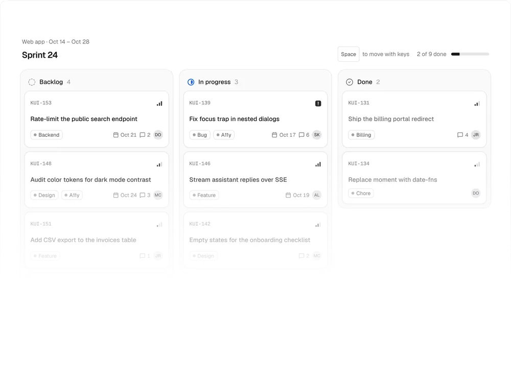 Kanban Board, a Kokonut UI Pro component