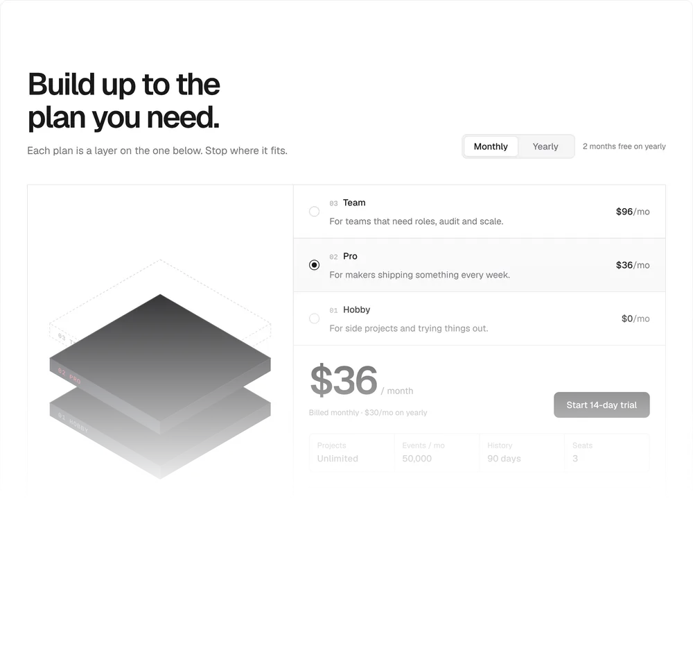 Layer Stack Pricing, a Kokonut UI Pro component