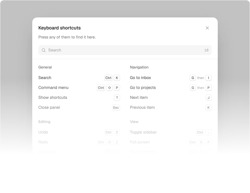 Shortcuts Dialog, a Kokonut UI Pro component