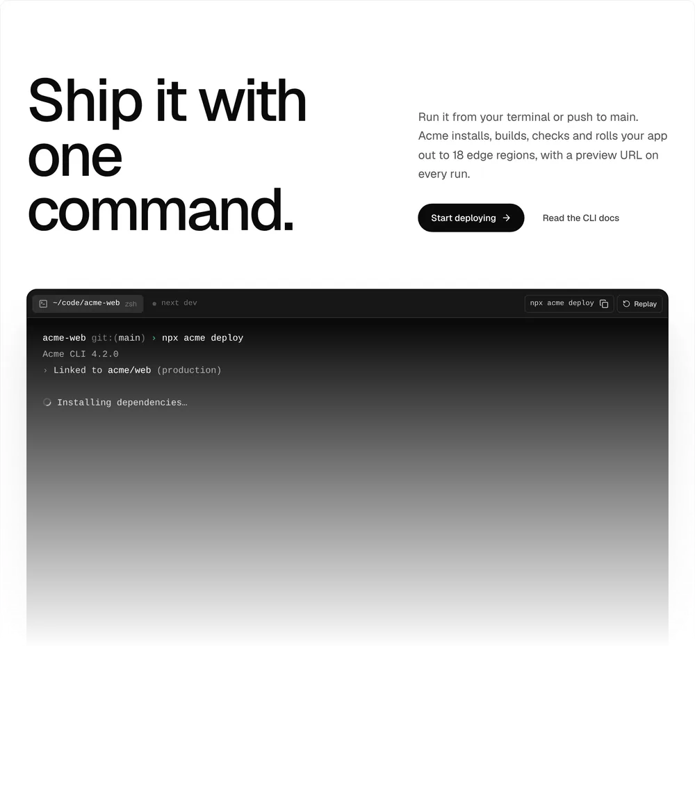 Terminal Hero, a Kokonut UI Pro component